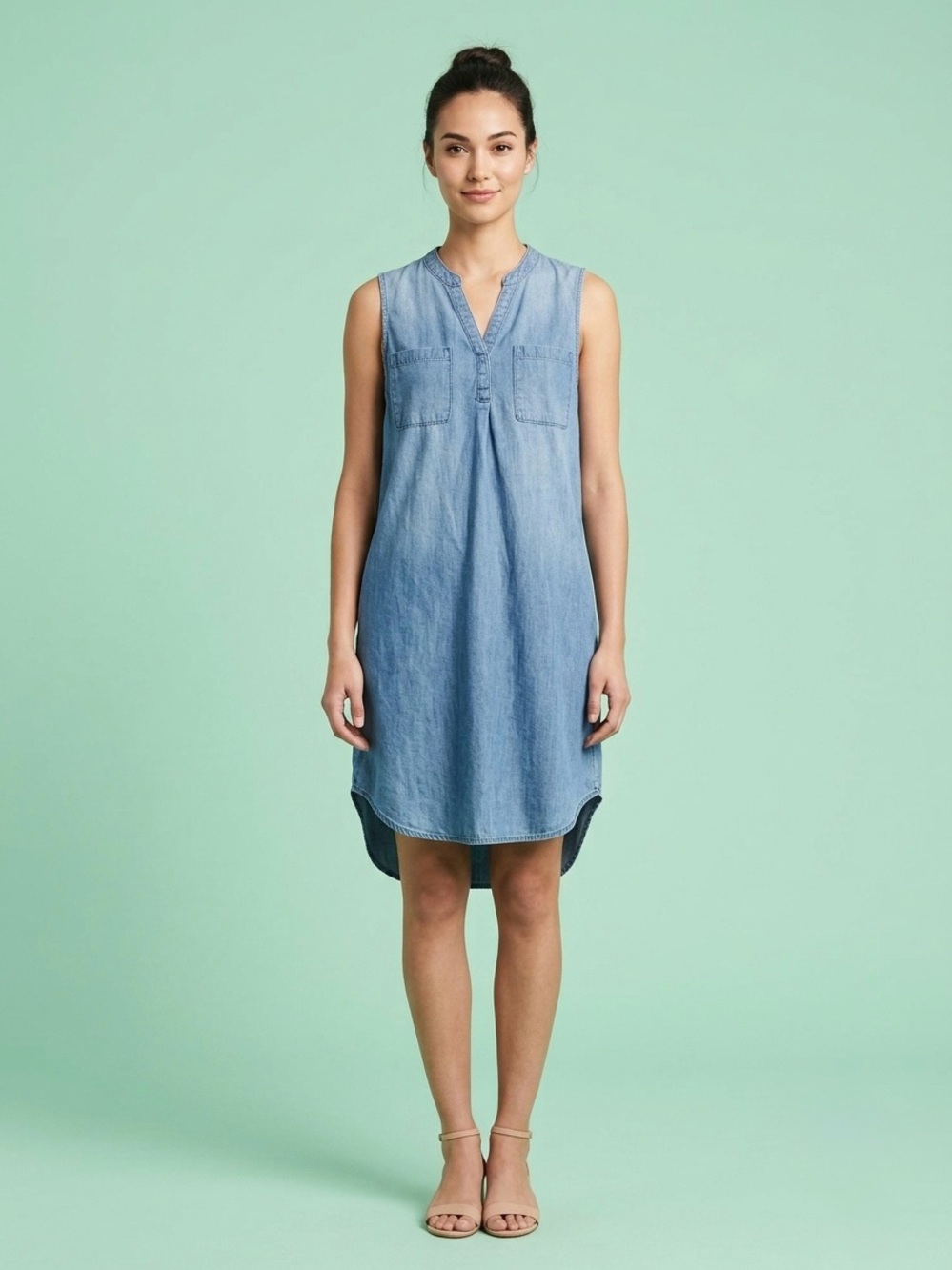 Merona Chambray Shift Dress Blue V Neck Casual Summer Size Small